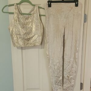 Elegant White And Gold Top And Legging Set